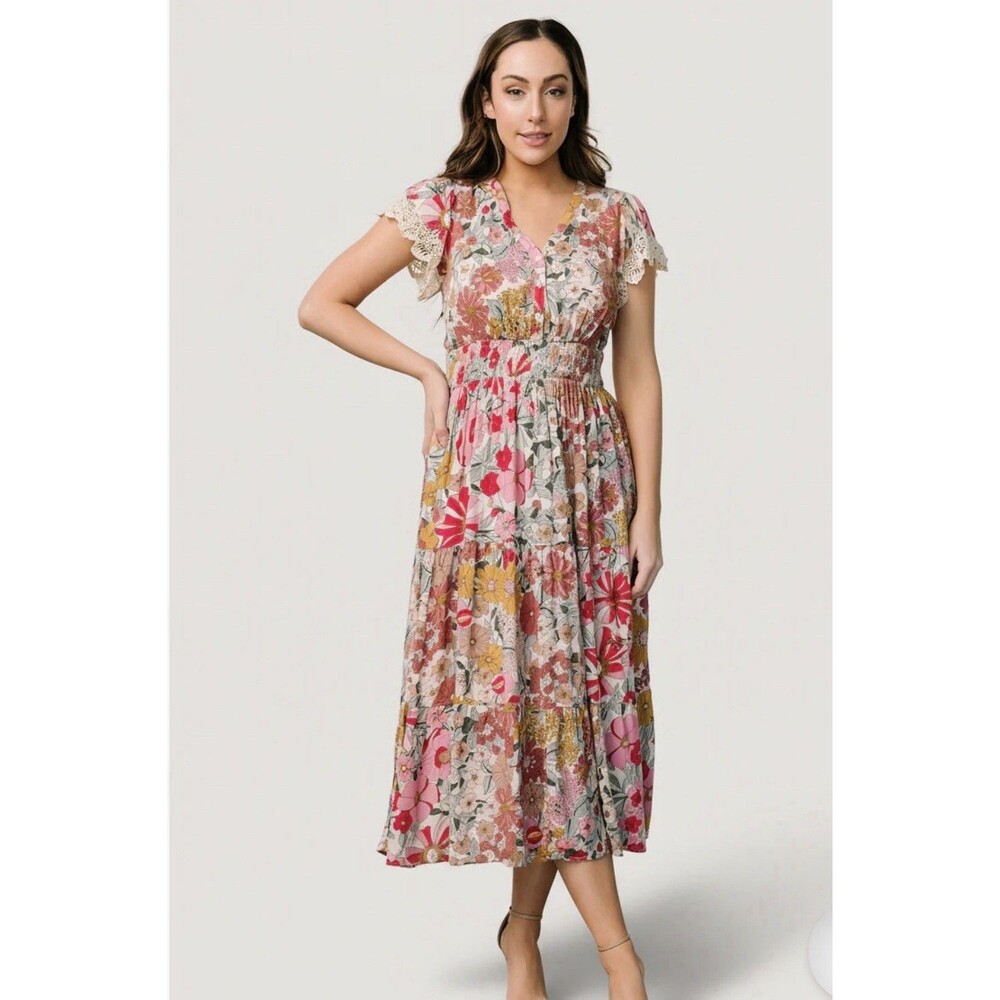 Baltic Born Women's Boho Tiered Aliyah Midi Dress Cream Floral Size Small